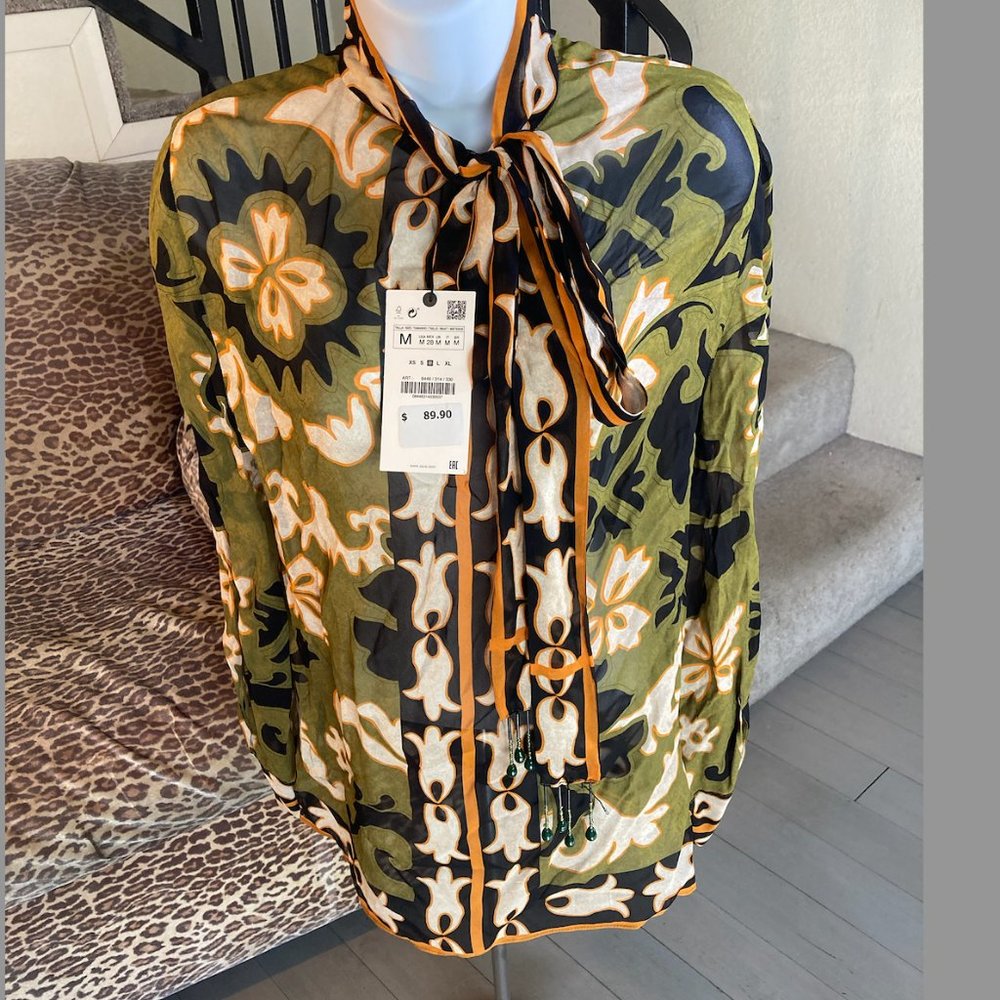 Sheer Long-Sleeved Blouse with Beaded Neck-Tie